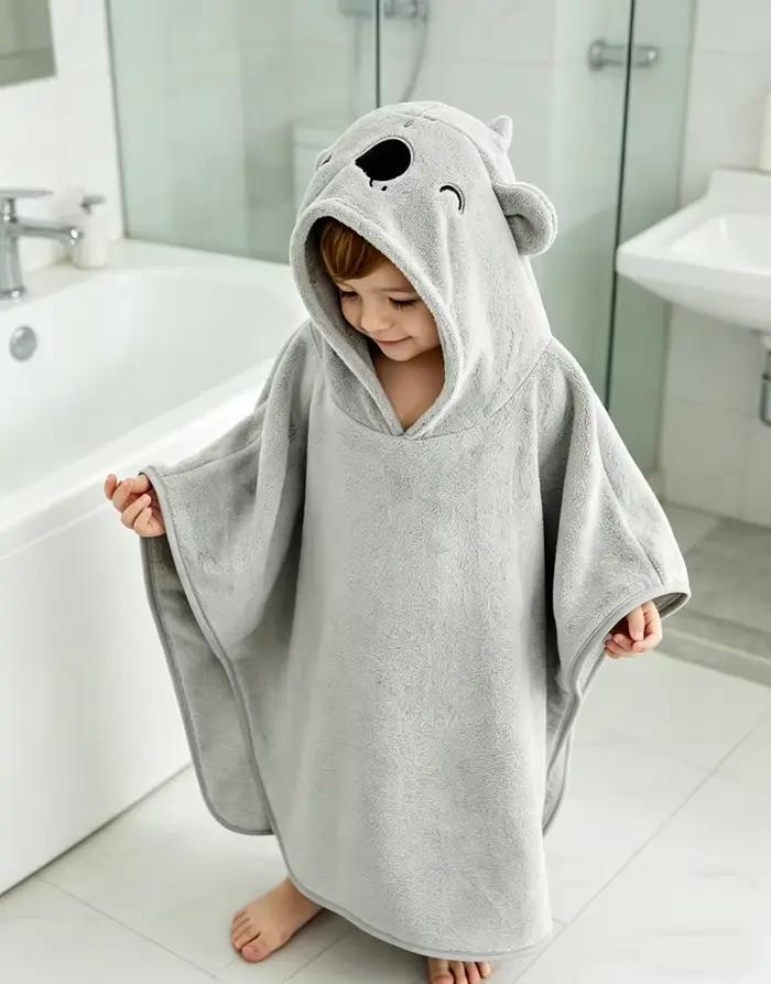 1 serviette de bain à capuche pour bébé, gris, très absorbante, avec motif Koala, pour une utilisati