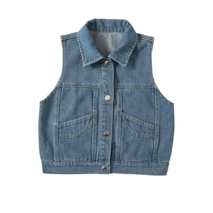 Gilet en jean vieilli pour bébé fille, veste sans manches, gilet en jean bleu uni avec poche 2 3 4 5