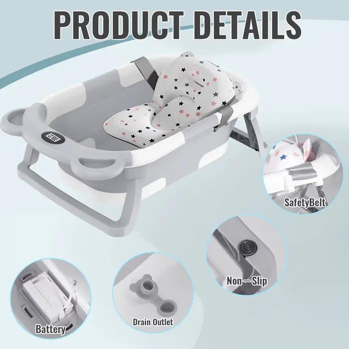 Baignoire pliable pour bébé avec thermomètre, piscine de bain pour nourrissons avec coussin de bain 