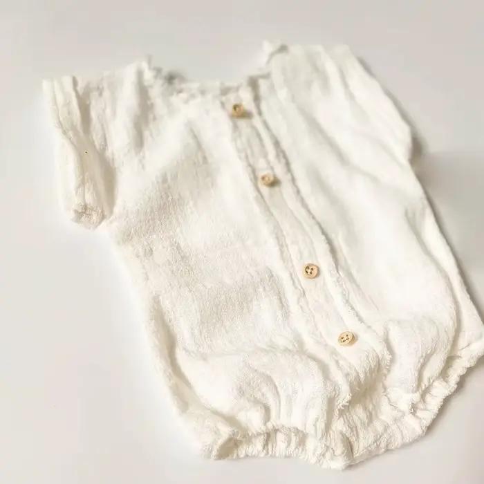 Barboteuse de photographie pour nouveau-né, bouton en lin blanc, manches courtes, accessoires Photo 