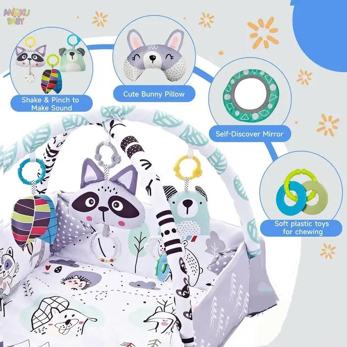Tapis d'éveil pliable 4 en 1 pour bébé avec miroir et coussin