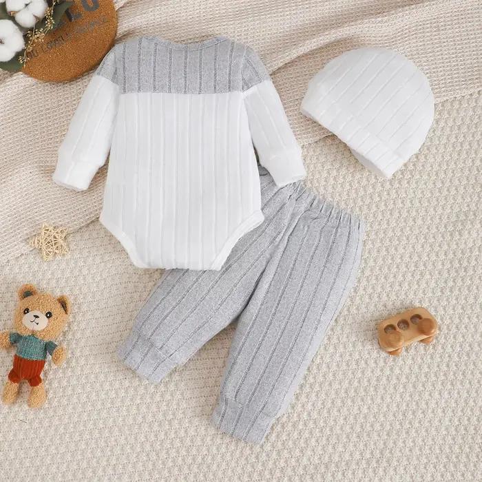 3 pièces/ensemble de nouveau-né bébé garçon couleur bloquée body à manches longues + pantalon + chapeau mignon ensemble
