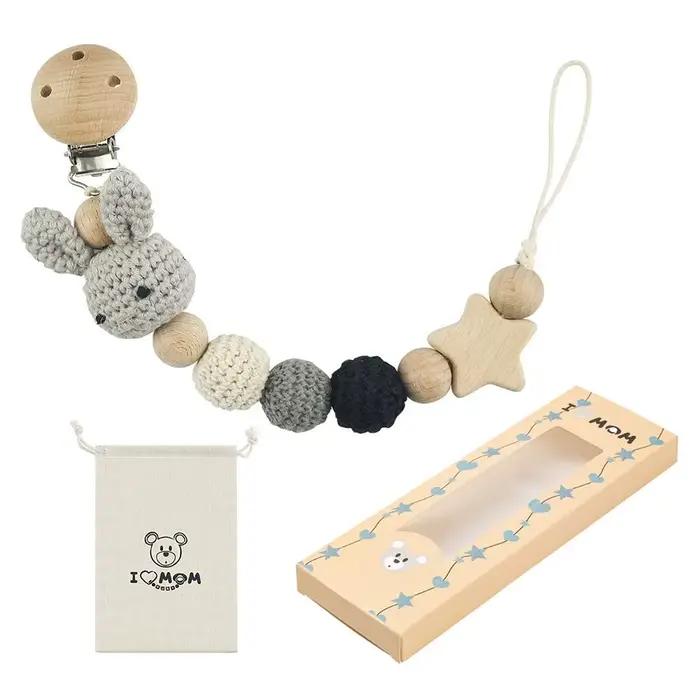 DUNIHolder-Attache-tétine en bois de hêtre avec sac de rangement, clips de sucette pour bébé, porte-