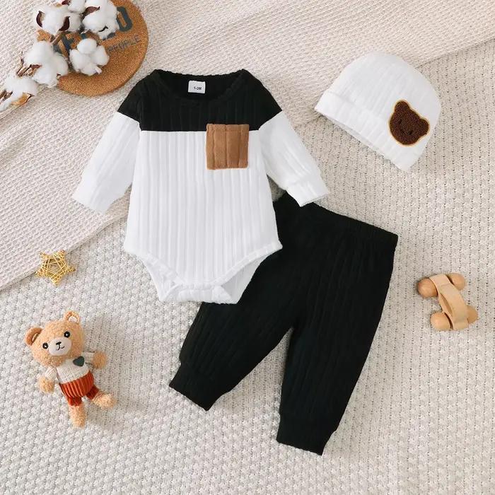 3 pièces/ensemble de nouveau-né bébé garçon couleur bloquée body à manches longues + pantalon + chap