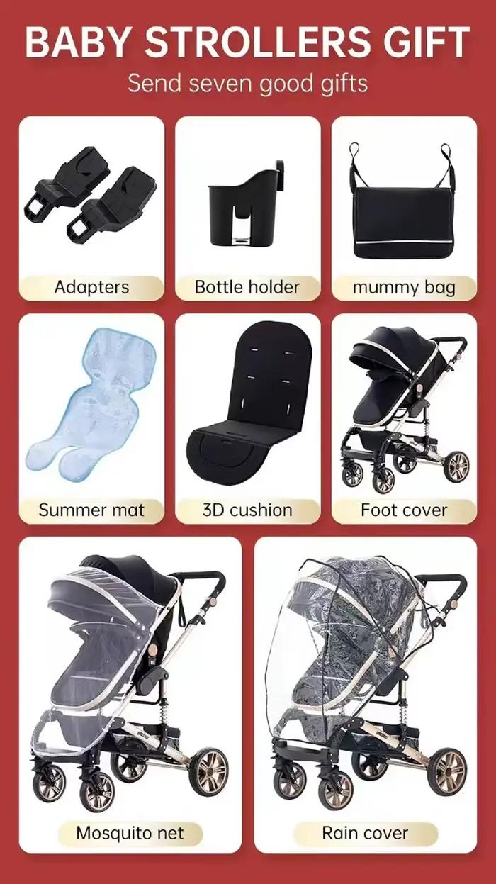 Système de poussette 3-en-1, poussette bébé avec poignée réversible, cadre en aluminium, pliage en u