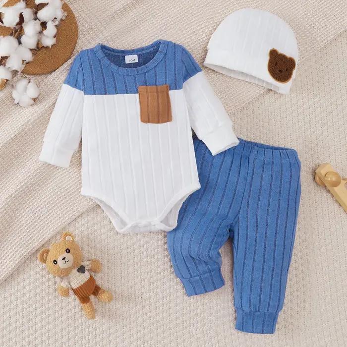 3 pièces/ensemble de nouveau-né bébé garçon couleur bloquée body à manches longues + pantalon + chap