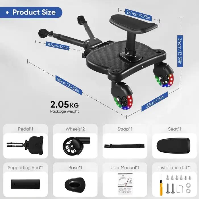 Adaptateur de pédale pour poussette avec siège et dossier amovibles 360° ° Roues rotatives, pédale