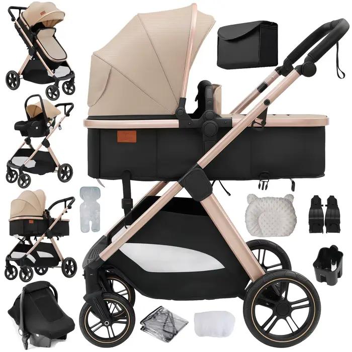 Poussette Bébé 3 en 1 Légère, Système de Voyage Pliable, Landau pour Nouveau-né, Poignée Réversible,