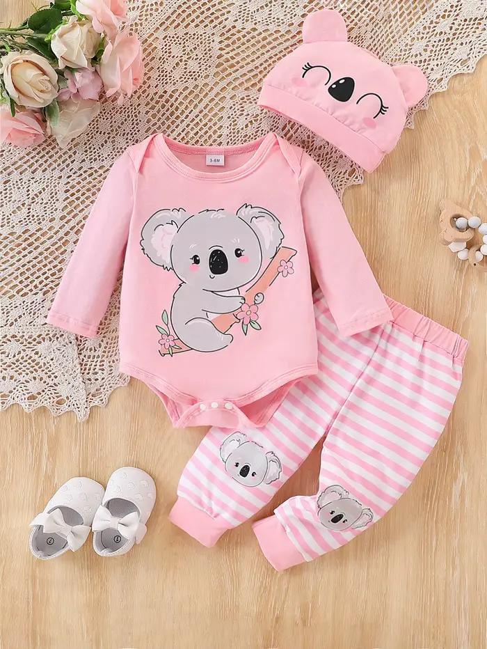 Ensemble imprimé koala pour bébé : Combinaison rose + pantalon rayé + chapeau animal, ensemble trois