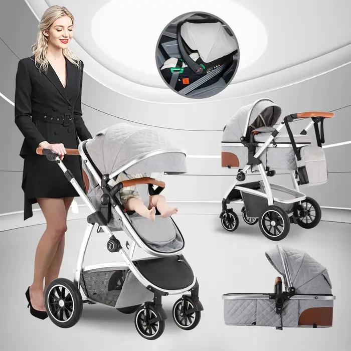 Poussette 3 en 1 pour bébé, haute position, poignée réglable, poussette de voyage avec moustiquaire,