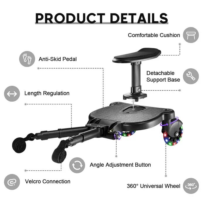 Adaptateur de pédale pour poussette avec siège et dossier amovibles 360° ° Roues rotatives, pédale