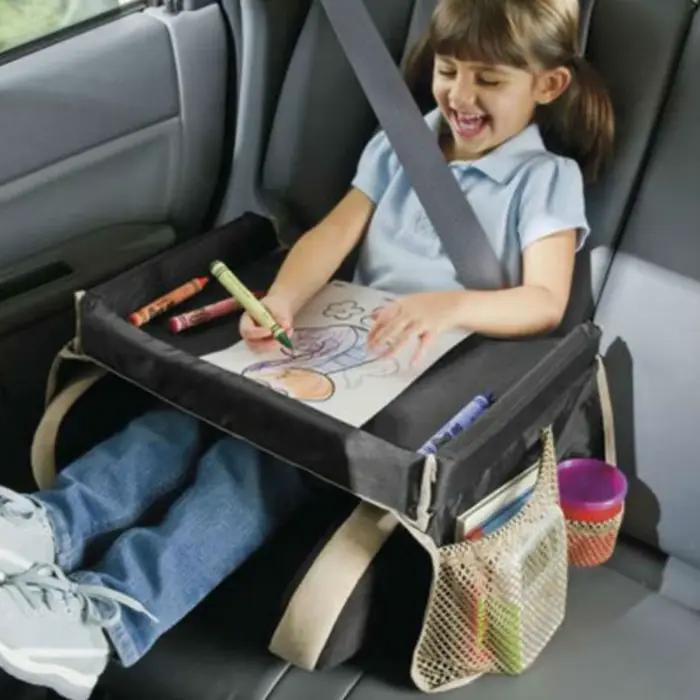 Table pliable pour véhicule, plateau de siège de voiture, bureau portable pour enfant avec poches, sangles réglables, pour manger et dessiner