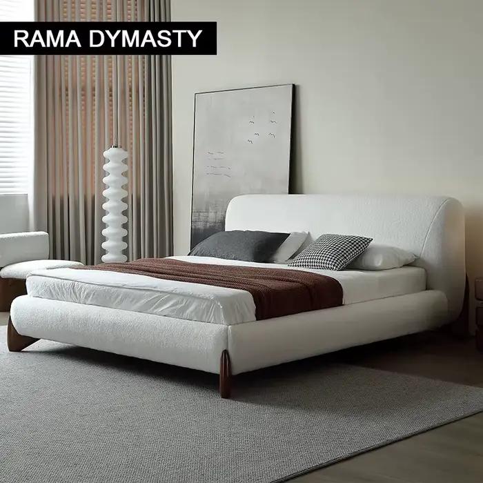 Lit à la maison en bois massif avec tissu velours doux, design moderne, king size ou queen size, style minimaliste, couleur bleue ou vert armée, pour une ambiance de repos luxueuse et élégante