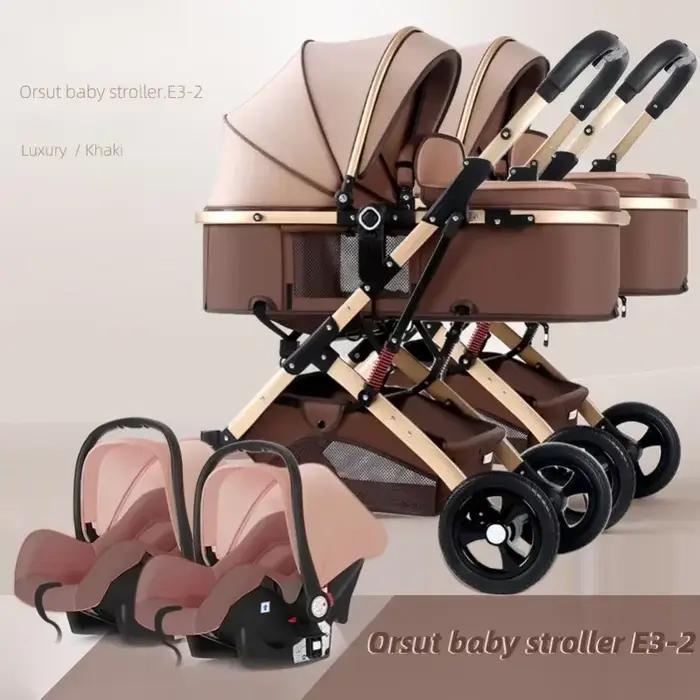 Nouvelle poussette double 3-en-1 acier inoxydable pour jumeaux avec vue haute positionnement horizontal pliable pour bébés 0-6 mois 6-12 mois 1-3 ans