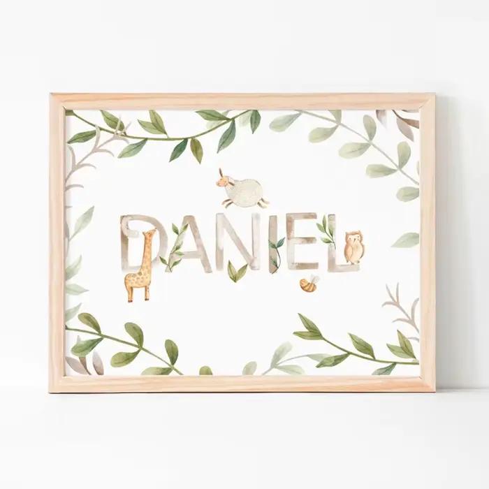 Toile de peinture personnalisée avec nom pour pépinière, affiche murale avec dessins animés, éléphants, lapins et fleurs, décoration de chambre de bébé, posters muraux pour baby rooms, affiche personnalisée avec toile, style nordique élégant