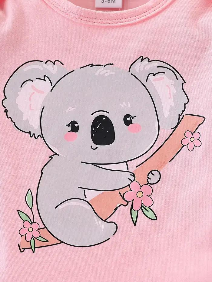 Ensemble imprimé koala pour bébé : Combinaison rose + pantalon rayé + chapeau animal