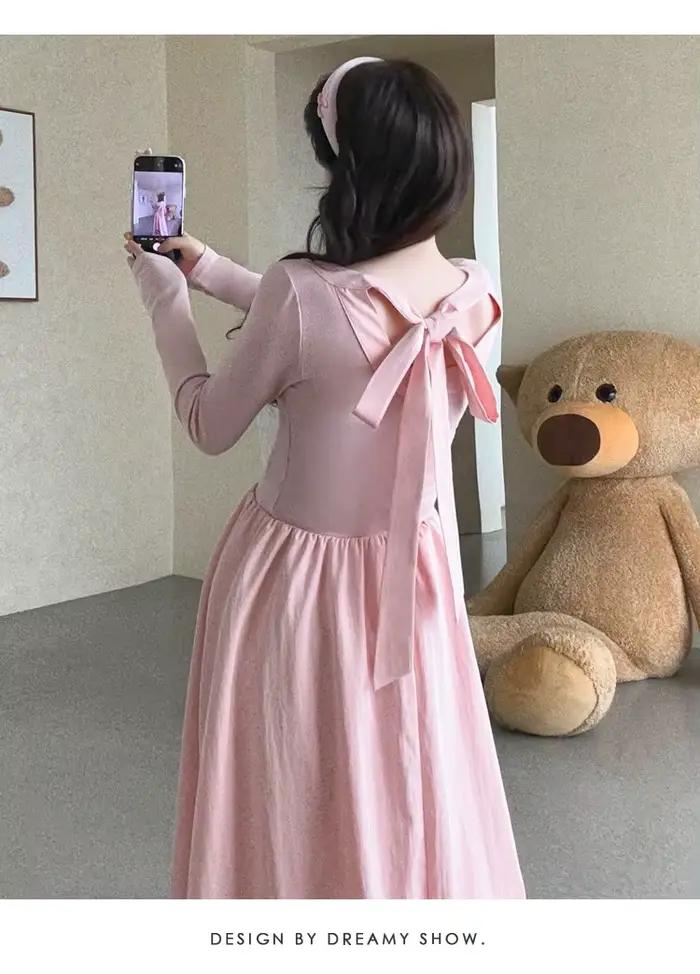 Robe de Maternité Printemps Automne 2026 Style Français Doux Mignon Élégant Nœud Col Rond Manches Longues Coupe A-Line pour la Grossesse