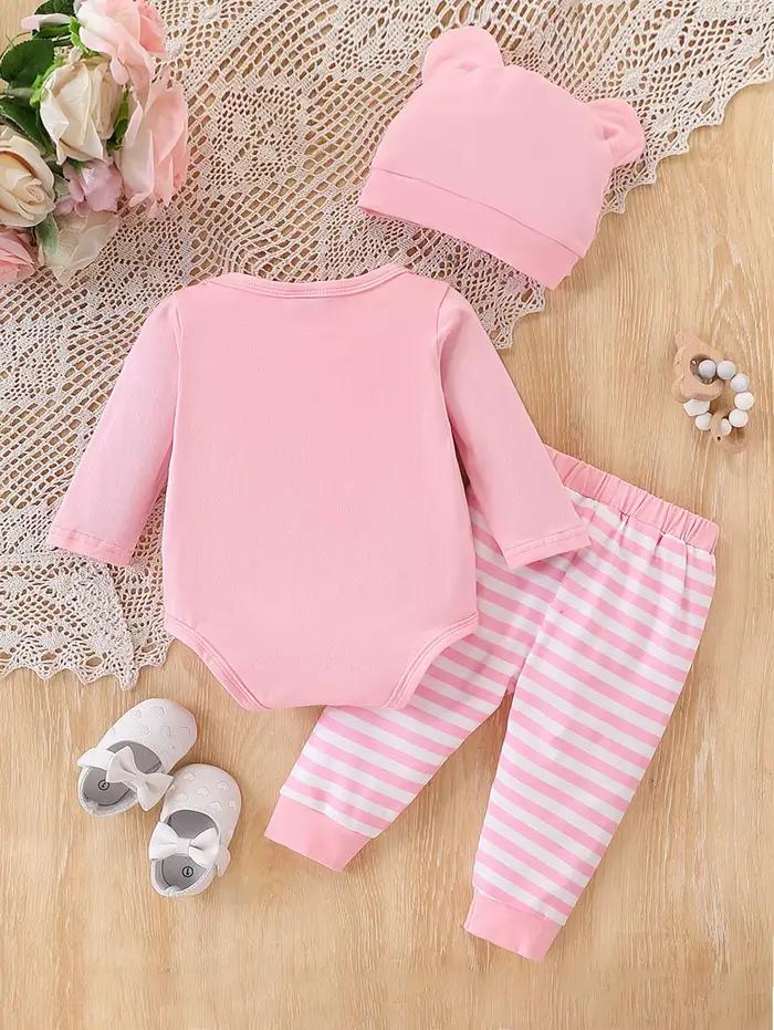 Ensemble imprimé koala pour bébé : Combinaison rose + pantalon rayé + chapeau animal