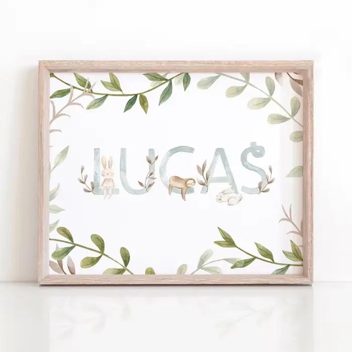 Toile de peinture personnalisée avec nom pour pépinière, affiche murale avec dessins animés, éléphants, lapins et fleurs, décoration de chambre de bébé, posters muraux pour baby rooms, affiche personnalisée avec toile, style nordique élégant