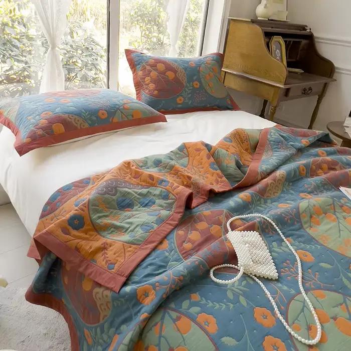 Couverture de lit en gaze jacquard teinte en fil de pur coton