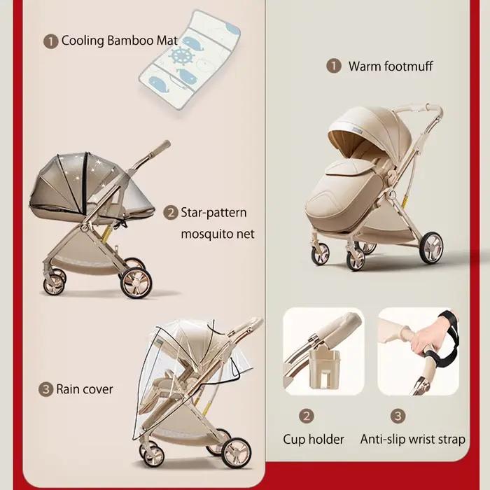 Poussette de luxe légère et réversible à vue panoramique pour nouveau-nés et tout-petits – Position assise/allongée et pliage compact