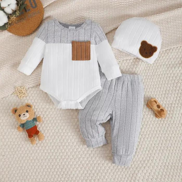 3 pièces/ensemble de nouveau-né bébé garçon couleur bloquée body à manches longues + pantalon + chapeau mignon ensemble