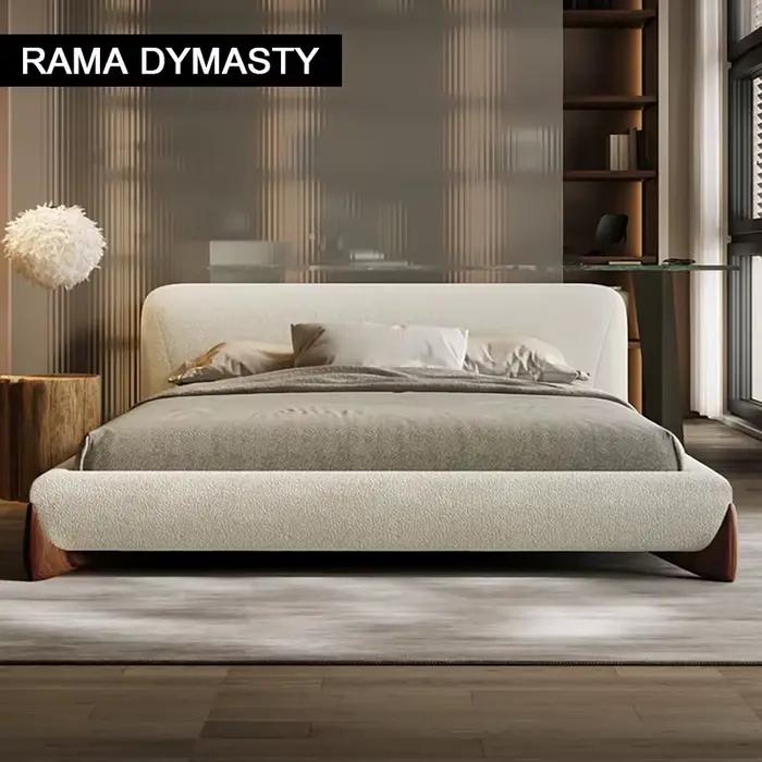 Lit à la maison en bois massif avec tissu velours doux, design moderne, king size ou queen size, style minimaliste, couleur bleue ou vert armée, pour une ambiance de repos luxueuse et élégante